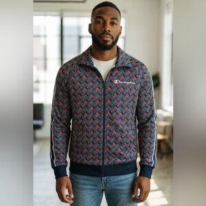 Champion Mens Small Full Zip Track Jacket All Over Logo Print Navy Red